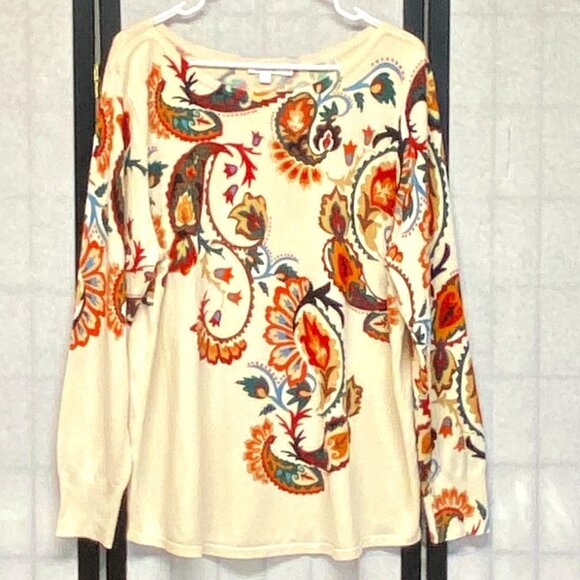 Chico’s Rust Green XL Knit Sweater Tee Long Sleeve Paisley Bateau Neck Pull Over - Picture 1 of 14